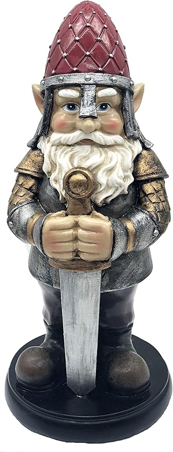 Gnome Knight Holding sword - armored, 9 inches: Warrior statue for Garden