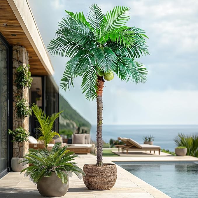 Erimda 30-Year Factory Faux Coconut Tree - 9.1FT Faux Palm Tree Realistic Thick Trunk & Heavy Duty Leaves, Hand-Carved Bark Texture, Indoor Tropical Decor for Living Room/Store, No Shiny Plastic Look