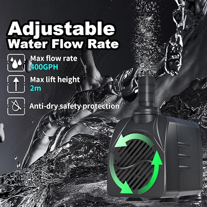 Fountain Water Pump 400GPH with Indoor Mechanical Timer Ultra Quiet 8.2ft High Lift for Fountains, Hydroponics, Ponds, Aquariums & More……