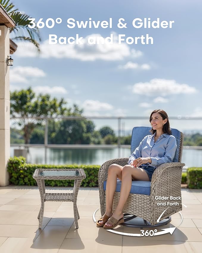 5 Pieces Wicker Patio Furniture Set-Outdoor Swivel Rocker Patio Chairs Patio Sofa Set with Tempered Glass Top Outdoor Coffee Table for Deck Lawn Porch Balcony Poolside-Grey/Blue
