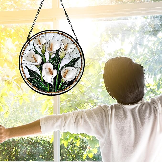 DASTOLL Stained Glass Window Hanging, White Calla Lily Flowers Sun Catchers Glass Panel Plant Suncatcher Decor for Birthday for Women, Men, Wife, Aunt, and Mom 9.8 in