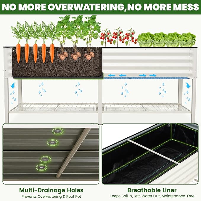Elevated Raised Garden Bed 2' x 6'- Galvanized Metal Planter Boxes with Legs & Storage Rack, Outdoor Planters for Backyard/Patio/Balcony, with Drainage Holes for Vegetables, Flowers, Herbs, White