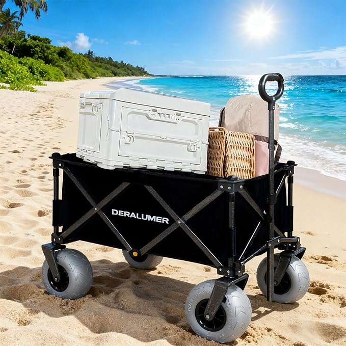 Beach Wagon with Big Wheels for Sand, 35" L Heavy Duty Folding Beach Wagon with 9×4" Balloon Tires, All Terrain Utility Cart for Garden, Sports, Camping, Outdoor (SandRover X800-B,Black)