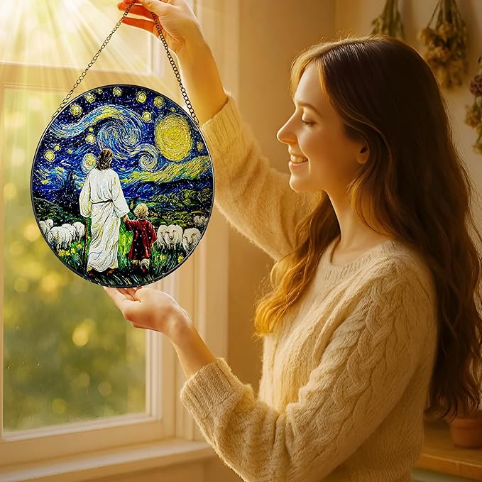 8 Inches Jesus with Child Stained Glass Suncatcher, Window Hanging Home Decor, Starry Night Ornament, Christian Gift, Religious Gifts for Her or Him, Gifts for Christmas