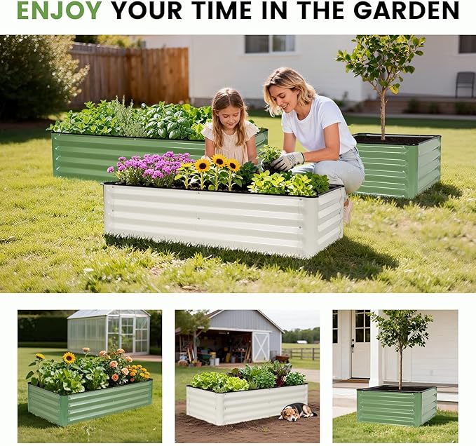 INNO STAGE Galvanized Raised Garden Bed Kits, 2x2x1ft Metal Raised Garden Beds Outdoor, Steel Raised Planter Bed with Gloves for Vegetables & Flowers Patio Ground Planter Box (Olive Green, 2PCS)