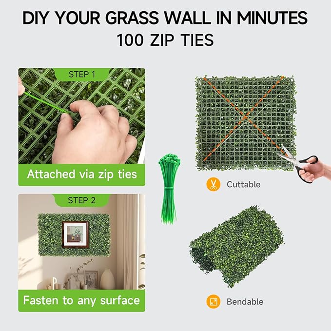 Artificial Grass Wall Panels, 24 PCS 20x20 inch Boxwood Hedge Wall Panels with 100 Zip Ties, Boxwood Backdrop for Outdoor Indoor Decorative Fences Privacy Hedge