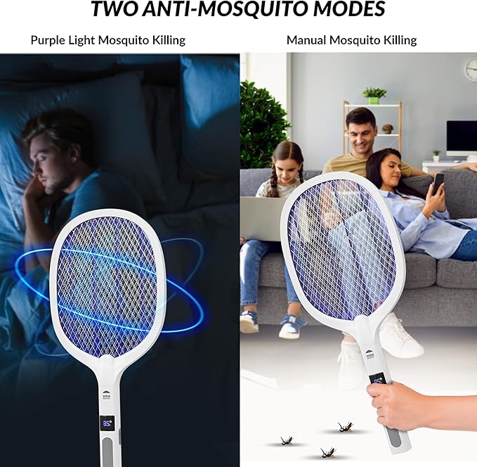 WBM Smart 2 in 1 Electric Bug Zapper, Mosquitoes Trap Lamp & Racket, USB Rechargeable Electric Fly Swatter for Home and Outdoor Powerful Grid 3-Layer Safety Mesh Safe to Touch, Pack of 2