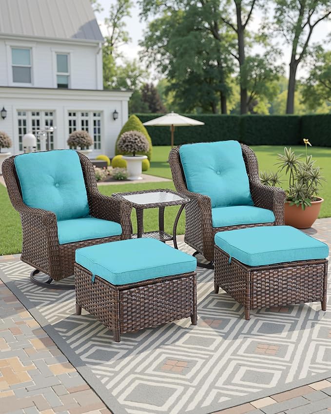 3 Piece Patio Swivel Chairs and Side Table Set - High Back Outdoor Brown Wicker Rattan Rocking Glider with Thick Cushions for Porch Apartment Deck Yard Poolside Garden - Turquoise