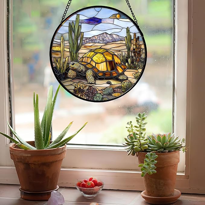 Stained Glass Window Hanging Golden Turtle Cactus Landscape 7.8" - Suncatcher Door Garden Sunroom Sun Catcher Home Decor Birthday Christmas for Mom Men Woman Nana
