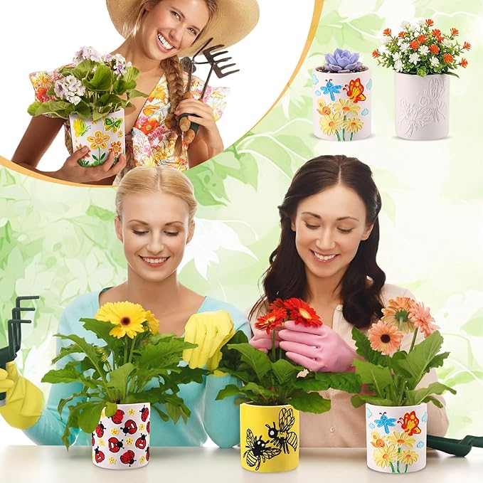 Zubebe 12 Pcs Spring Paint Your Own Insect Ceramic Pots Bulk Unfinished Succulent Pots Painting Kit with Drainage Hole Mini Paintable Plant Vase Ready to Paint Planter for Spring Garden DIY Craft