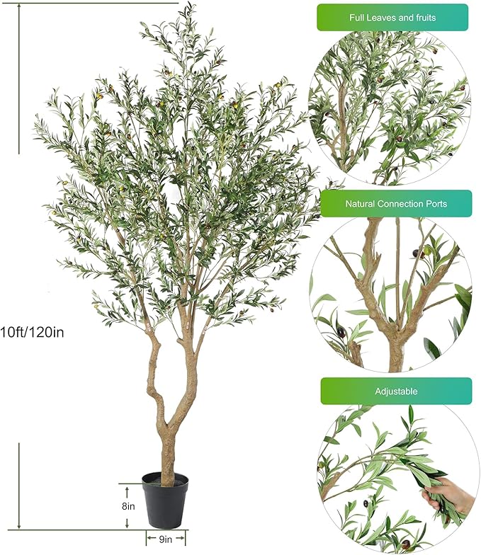 Nafresh Tall Faux Olive Tree，10ft（120in） Realistic Potted Silk Artificial Olive Tree， Fake Olive Trees Indoor with Green Leaves and Big Fruits for Home Office Living Room Stairs Patio Decor.