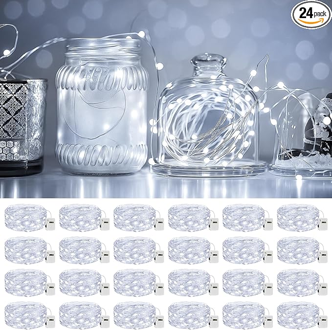 litogo 24 Pack 7FT 20 LED Fairy Lights Battery Operated, 3 Lighting Modes, Bulk Mini Twinkle String Lights Waterproof Silver Wire for Weddings Mason Jars Party Christmas Decorations-Cold White