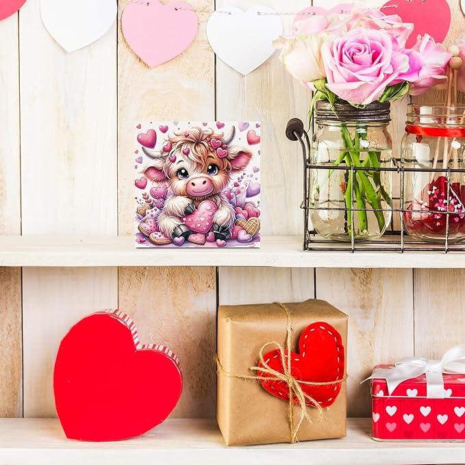 Valentines Decor, Valentines Day Decorations, Highland Cow Valentine's Gifts for Boyfriend Girlfriend, Pink Valentine's Table Decor Highland Cow Decoration Gifts, Office Wooden Decor Signs
