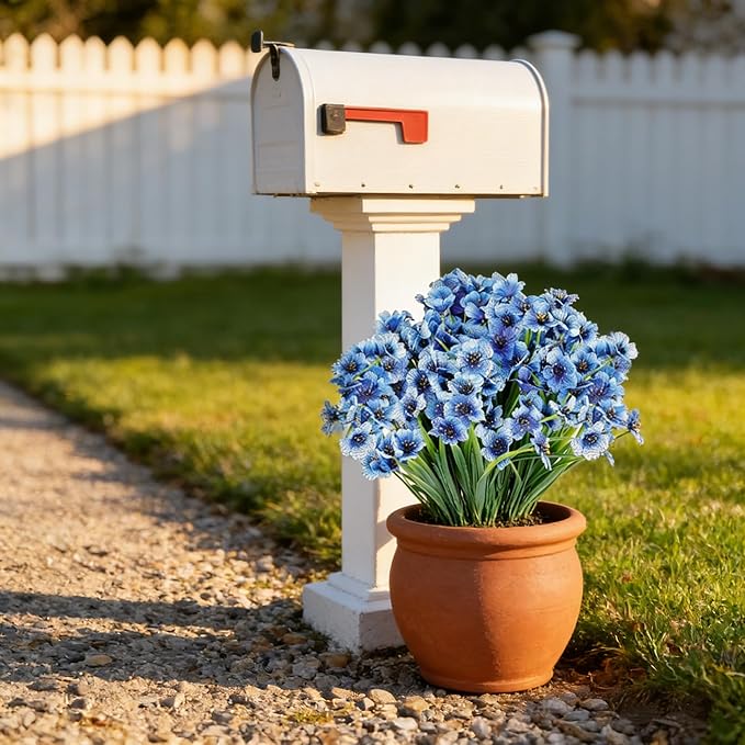 AmyHomie 20 Bundles Artificial Flowers for Outdoor UV Resistant Faux Flowers No Fade Fake Plastic Plants Garden Porch Window Box Decorating(Blue)