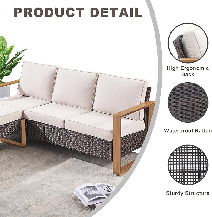 Outdoor Wicker Patio Furniture Set - 6 Piece Patio Conversation Set with 2 Wicker Armrest Chairs,2 Rattan Ottoman,1 Side Table and 1 Couch,Sturdy Frame,Thick Cushions,Deep Seating(Brown/Beige)