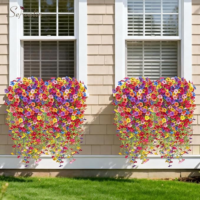 Serwalin 6PCS Artificial Fall Flowers for Outdoors Decoration, Realistic Silk Artificial Fall Hanging Flowers for Patio, Garden, Porch, Window, Outside (Multicolor,6PCS)