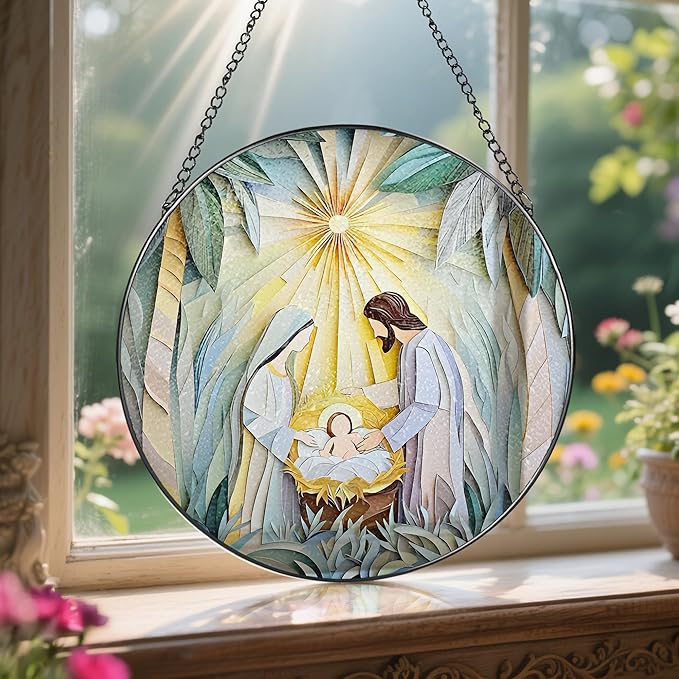 Stained Glass Suncatcher, Nativity Scene Sun Catcher Ornament; Stained Glass Window Hanging, Christmas Ornament, Holy Family Decoration; Christian Gifts, Religious Gifts, Christian Holiday Decor