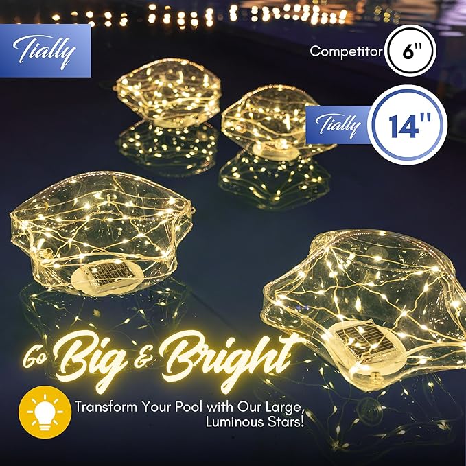TIALLY Starfish Solar Floating Pool Lights - 14'' Star Lights Outdoor for Pool Decor, Inflatable & Hangable Outdoor Star Light, Waterproof Pool Decorations - Best Gifts for Pool Owners (2 Pack Warm)