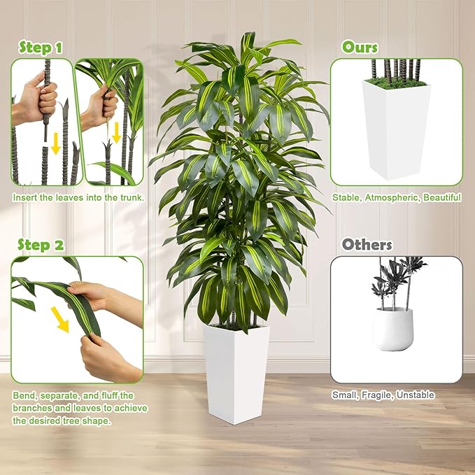 6FT Fake Tall Plant Artificial Dracaena Tree Indoor Faux Plants Indoor Luxury Fake Plants for Living Room Decor Artificial Tree Floor Plant White Planter