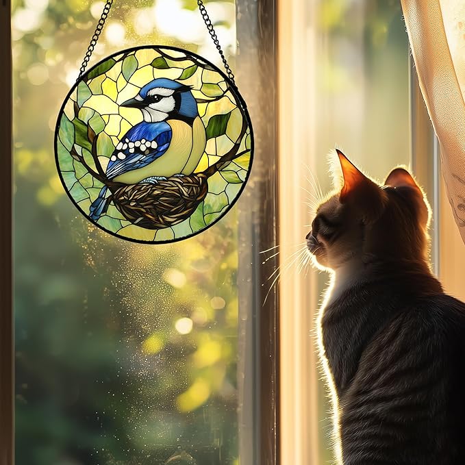 DASTOLL Stained Glass Window Hanging 4 Pcs Set Bird Theme On Branch 6.3" - Cardinal Suncatcher Door Garden Sun Catcher Decor Birthday Christmas for Mom Woman Nana Men