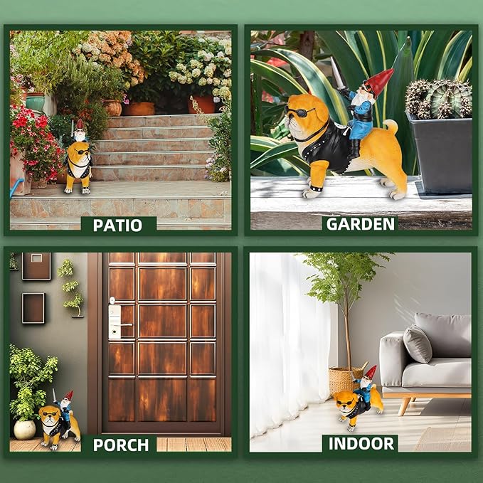 Garden Gnome Statue Holding Sword Outdoor, Funny Garden Gnome Riding Dog Statue Decoration Lawn Figurines for Home Patio Yard Garden Decor Indoor Outdoor, Housewarming Garden Gift