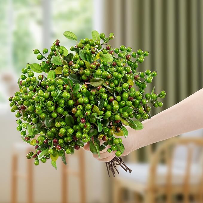 SHACOS Artificial Green Berry Stems 20 PCS Pack Fake Berries Branches Spray with Green Leaves 9.8 inch Small Berry Picks for Christmas Decorations Crafts Holiday Home Decor, Green