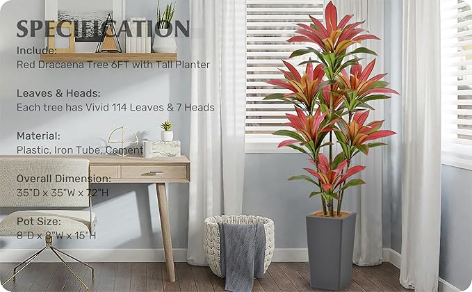 Roselywed Artificial Red Dracaena Tree 6FT with 114 Leaves & 7 Heads & Gray Tall Planter Cover with Coconut Fiber Tall Faux Tropical Silk Bicolor Plant 72 Inch for Indoor Home Office Porch Mall Decor