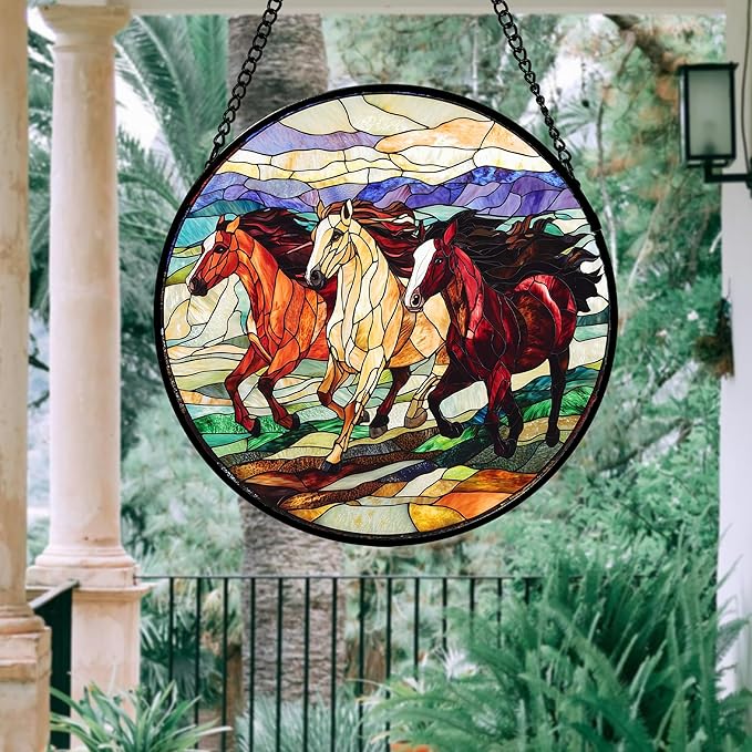 DASTOLL Stained Glass Window Hanging, Colorful Landscape Running Horse Suncatcher for Doors Window Home Sun Catchers Decoration Mother's Day Birthday Gifts for Women, Men, and Mom 6.3x6.3 in