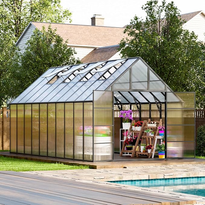 WACASA 20x10x10 FT Greenhouse for Outdoors, Easy Assembly Thickened Aluminum Polycarbonate Greenhouse Kit with 4 Vent Windows, Swing Door, Walk-in Greenhouse for Patio and Backyard