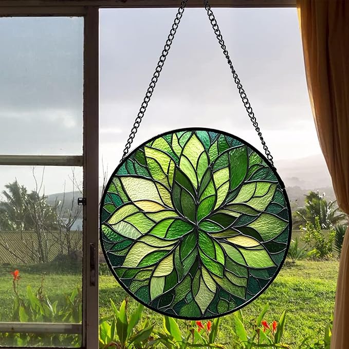 HWRHTR Stained Glass Window Hanging - Green Gradient Flowers Suncatcher for Doors Window Home Plant Sun Catchers Decor Christmas Mother's Day Birthday Gifts for Teacher Women Men Mom Nana 9.8 in