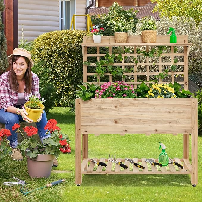 S AFSTAR Raised Garden Bed with Trellis, 41.5x16x54in Mobile Elevated Planter Box with Wheels, Bed Liner, Top/Bottom Storage Shelves, Freestanding Wood Planter Stand for Garden Patio Balcony