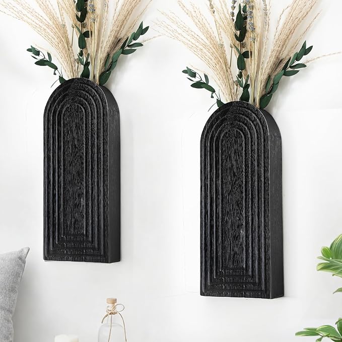 Wooden Wall Planter Vase Set of 2, Boho Hanging Planter for Indoor Plants & Flowers, Natural Wood Wall-Mounted Planters for Art Home Decor - Living Room, Bedroom, Bathroom, Patio (Black)