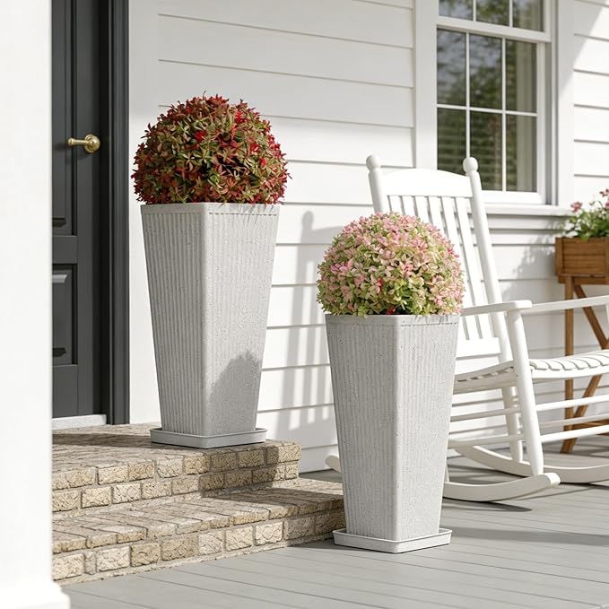 Trygoal Square Tall Planters for Outdoor Plants Set of 2-23.6" Heavy-Duty Classic Tapered Indoor Flower Pots with Drainage Holes/Partition/Tray, Large Outdoor Planters for Porch Patio Garden, White