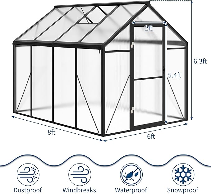 6X8 FT Outdoor Polycarbonate Greenhouse, Sturdy Aluminum Frame, Adjustable Roof Vent, Ideal for Backyard, Patio, or Garden, All-Weather Green House for Growing Plants and Vegetables