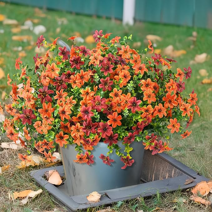 Homsunny Artificial Flowers for Outdoors Fake Plants Spring Home Decoration, 12 Bundles Realistic Faux Flower Daisy with Eucalyptus Stem UV Resistant for Patio Planter Porch Yard(Orange Brown)