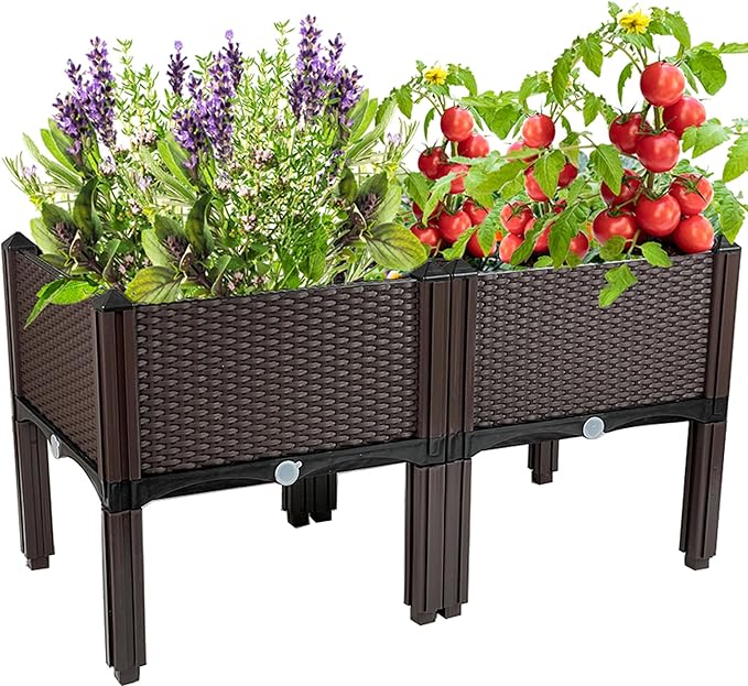 Souwuokoo Raised Garden Bed with Legs Plastic Elevated Planters for Outdoor Plants Box Kits for Garden Patio Deck Balcony with Drainage Holes to Planting Flowers,Vegetables,Tomato and Herbs