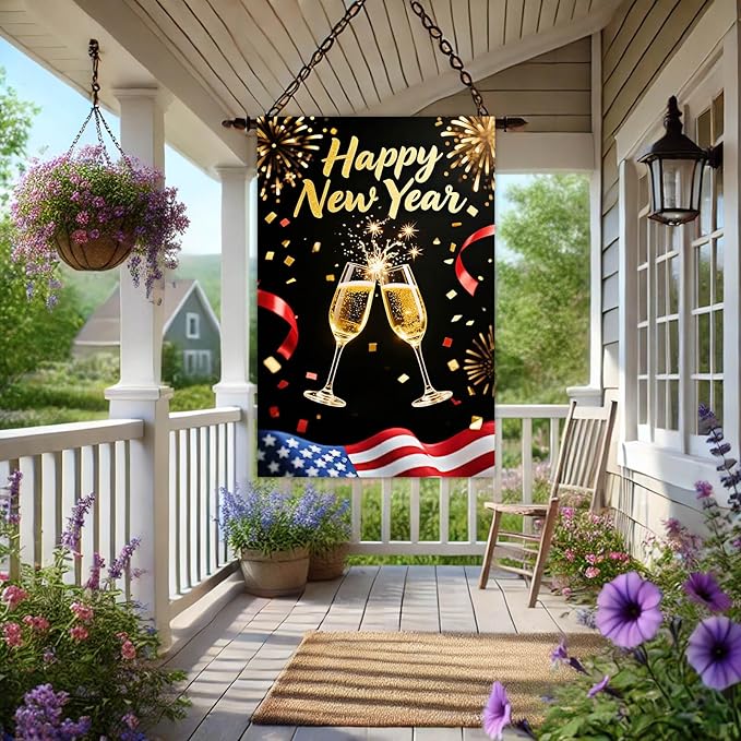 Happy New Year House Flag 28x40 Inch Champagne Glasses Fireworks and American Flag Design Garden Flag Patriotic Holiday Outdoor Yard Decoration Banner for Home Porch Lawn