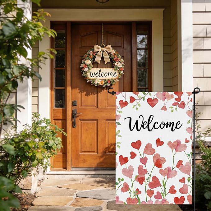 pretty_jessie Valentines Day Garden Flag 12x18 Inch Double Sided, Welcome Floral Love Hearts Burlap Yard Flag Anniversary Patio, Porch, Backyard Outdoor Decorations