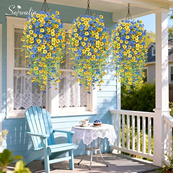 Serwalin 12PCS Artificial Fall Flowers for Outdoors Decoration, Realistic Silk Artificial Fall Hanging Flowers for Patio, Garden, Porch, Window, Outside (Yellow& Blue,12PCS)