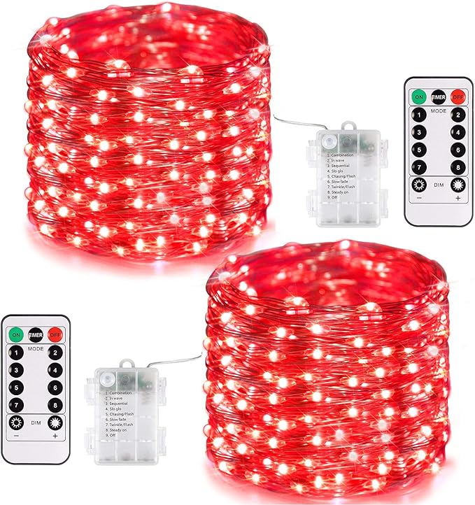 JMEXSUSS 2 Pack Red Fairy Lights Battery Operated, Total 400 LED 132ft Christmas String Lights with Remote, 8 Modes Valentine Lights for Bedroom Wreath Tree Valentine‘s Day Halloween Xmas Decor
