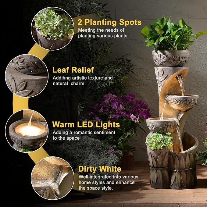 35.6" H Outdoor Water Fountain - Relief Leaf Design 4 Tiers Modern Cascading Bowls and Garden Fountains with Lights for Patio, Deck, Porch, Lawns, Backyard and Home Art Decor