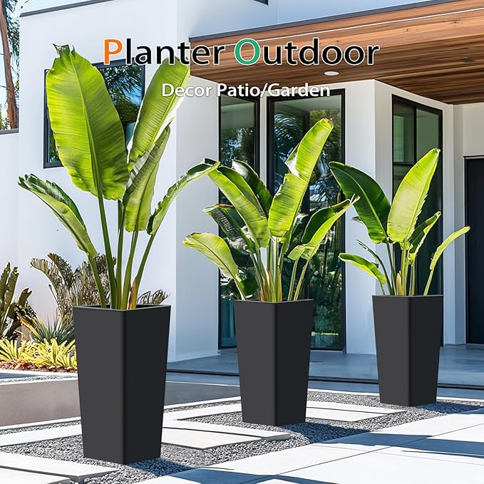 Heyzier Tall Planters for Outdoor Plants, Large Resin Flower Pots for Garden, Front Porch, Patio, Indoor - Set of 2 (Black, 28 inch - 2 Pack)