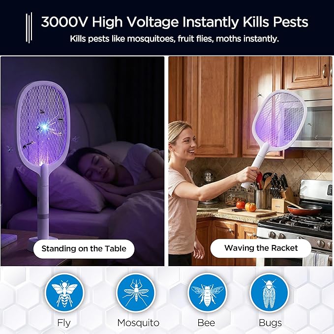 2 Pack Electric Fly Swatter, Rechargeable Mosquito Electric Racket to Kill Mosquitoes, Portable Handheld Cordless 3000V Bug Zapper Racket for Indoor Home Office Wasps, Gnats, Fruit Flies, Flies