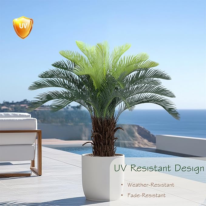 Bellacat 3ft UV Resistant Faux Sago Palm Tree with Natural & Lifelike Bark, 35in Super Full Artificial Cycad Tree with Realistic Leaves, for Home Office Patio Porch Front Door Decor.