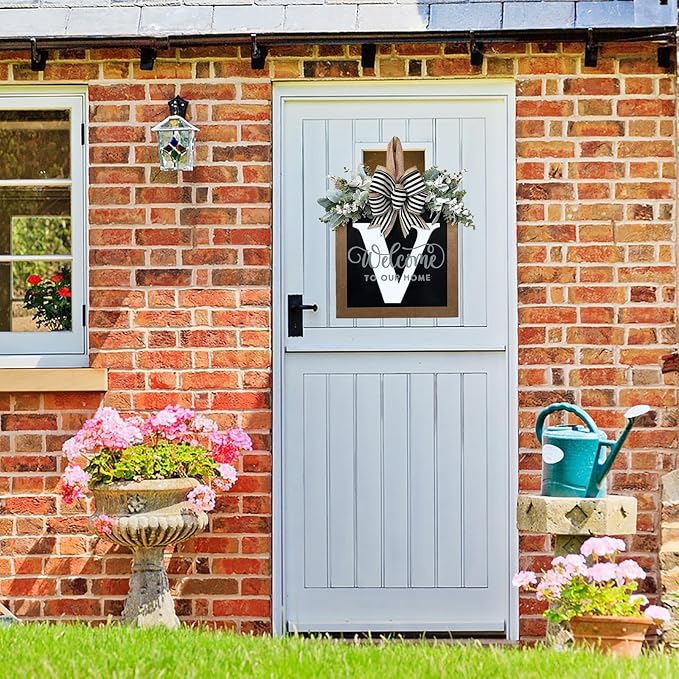 Last Name All Year Wreath, for Front Doors, Spring, Fall, 26 Last Name Letters All Year Round Wreaths, Suitable for Wedding Decorations, Home Porches, Farmhouses, Yards, Garden Decorations, Gifts (V)