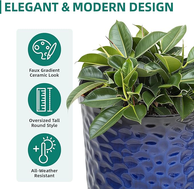 Ultym 23.75" H Large Tall Outdoor Planters, Set of 2 Plastic Large Flower Pots for Outdoor Plants, Gradient Cobalt Blue Honeycomb Textured, Weather-Resistant for Porch, Garden, Patio or Indoor Use