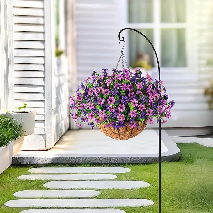 INQCMY Artificial Flowers Hanging Baskets for Outdoors Spring Decor, 12 Bundles Fake Plants Faux Silk Daisy with Eucalyptus Stem UV Resistant for Outside Patio Balcony Garden (Double Purple)