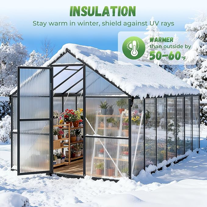 8x14FT Greenhouse for Outdoors, Galvanized Steel Frame Winter Green House w/ Adjustable Roof Vent, Lockable Door Handle &DrainageSystem, Walk-in Greenhouses for Outside Garden Backyard