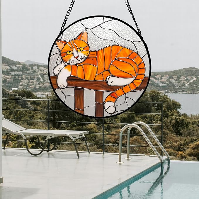 AMDERVEN Stained Glass Window Hanging 4 Pcs Set Cute Cat 7.8" - Suncatcher Door Garden Sun Catcher Decor Birthday Mother's Day Christmas Comfort Gifts for Lost Pet Woman Nana Mom Men Friend