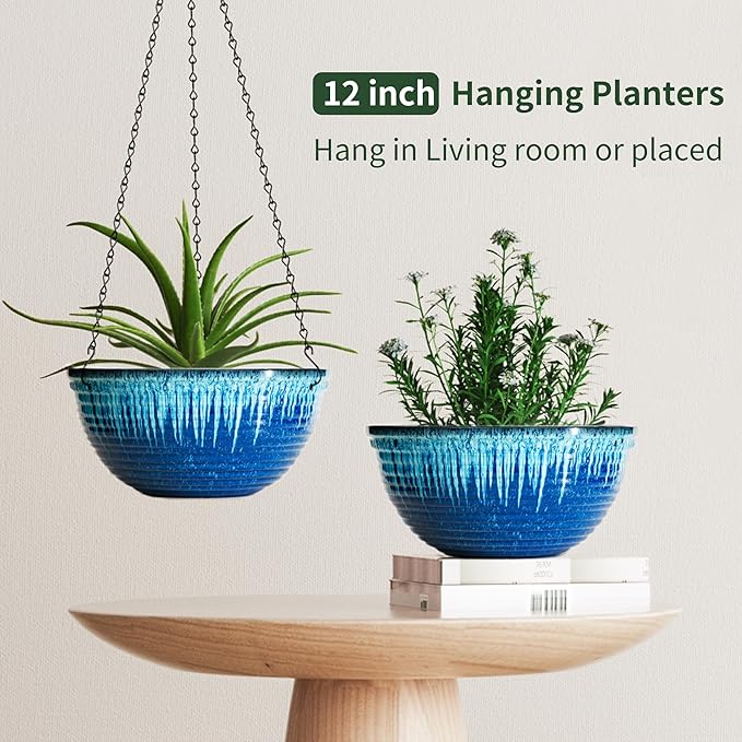 LESOASIS 12 inch Large Hanging Planters for Indoor Outdoor Plants, Set of 2 Glazed Hanging Flower Pots with Drainage Hole, Hanging Baskets for Garden Home Porch Decor